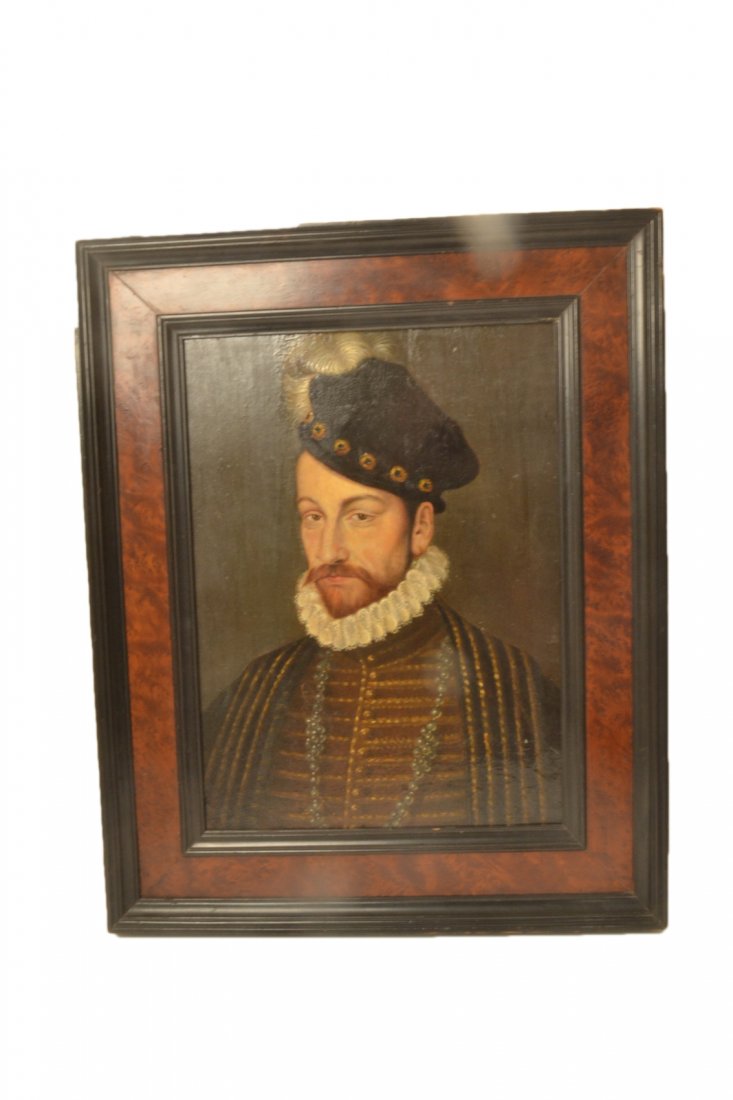 Charles IX Portrait, After Jean Clouet: After Jean Clouet (French 1480-1541) portrait of Charles IX, oil on wood. [Sight: 14 1/2" x 10 3/4"; Frame: 20 1/4" x 16"]. Some minor craquelure, otherwise in good condition.