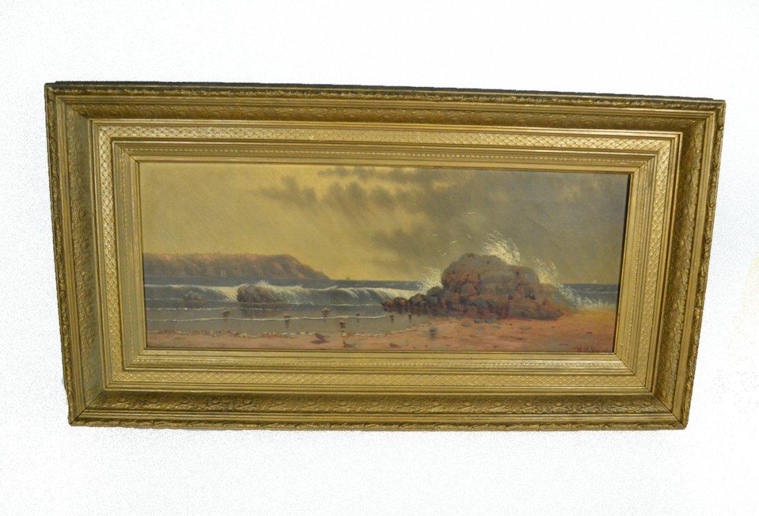 W.H. Yates, Oil on Canvas: W.H. Yates (William Henry Yates, 1945-1934), seascape, signed "W.H. Yates" on bottom right. [Art: 11 1/4" x 29 1/2"; Frame 20 1/2" x 39"]. Soiled with a chip to back of bottom frame.