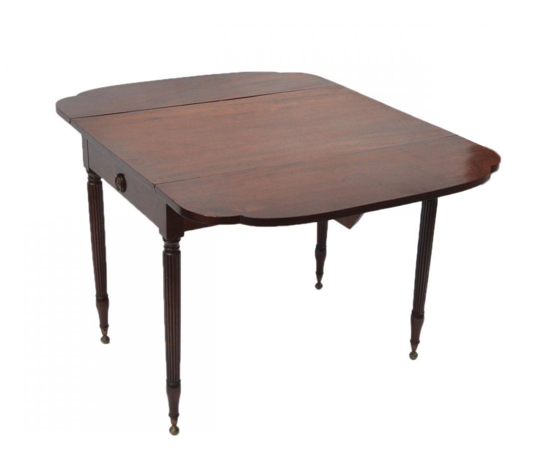 English Drop-Leaf Side Table: 19th century breakfast/drop leaf table with tapered reed-form legs. [24 1/2" W x 38 1/2" D x 28" H (closed), each leaf 12"]. Good condition.