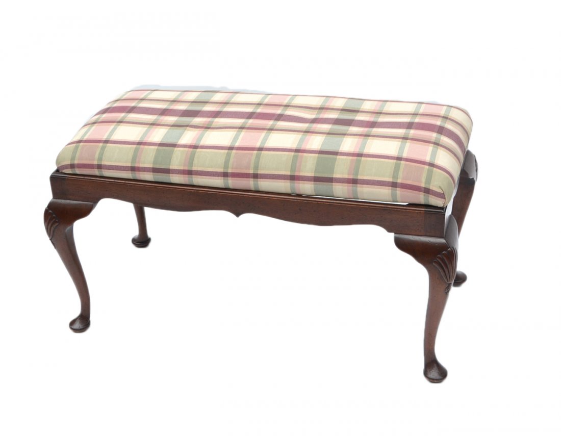 Antique Georgian Bench: Late 18th century bench, pad feet, slip seat with plaid upholstery. [36" W x 17" D x 18" H]. Good condition.