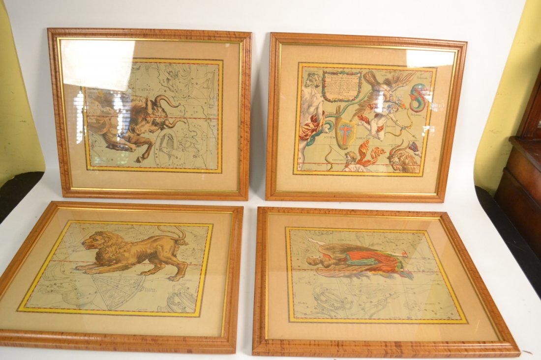 Four Astrological Prints: Depicting Taurus, Leo, Virgo, and one of Cupid with bow. [21 1/2" x 18 1/2" overall dimension].