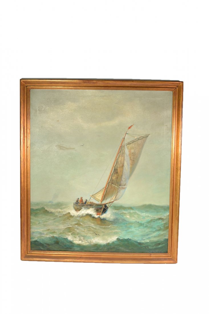James Gale Tyler, Oil on Canvas: "Rough Seas". Maritime scene depicting a sailboat riding the crest of a wave on misty seas. Signed bottom right twice "J.G. Tyler". [Art: 28 1/4" W x 33 1/4" H; Frame: 32 1/4" W x 36 3/4" H]. Soiling 