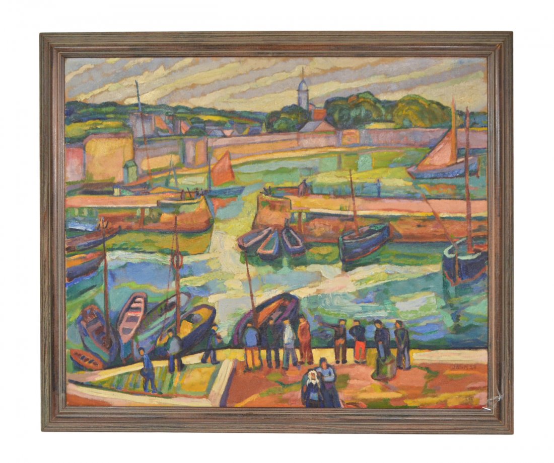 Jerome Blum, Oil on Linen - Canal Scene: Fauvist composition depicting figures and boats at a canal lock with trees and church steeple in background. Signed bottom right, "J. Blum '28" [Art: 25 1/4" x 21"; Frame: 28 1/2" x 24 1/4"]. Minor ga