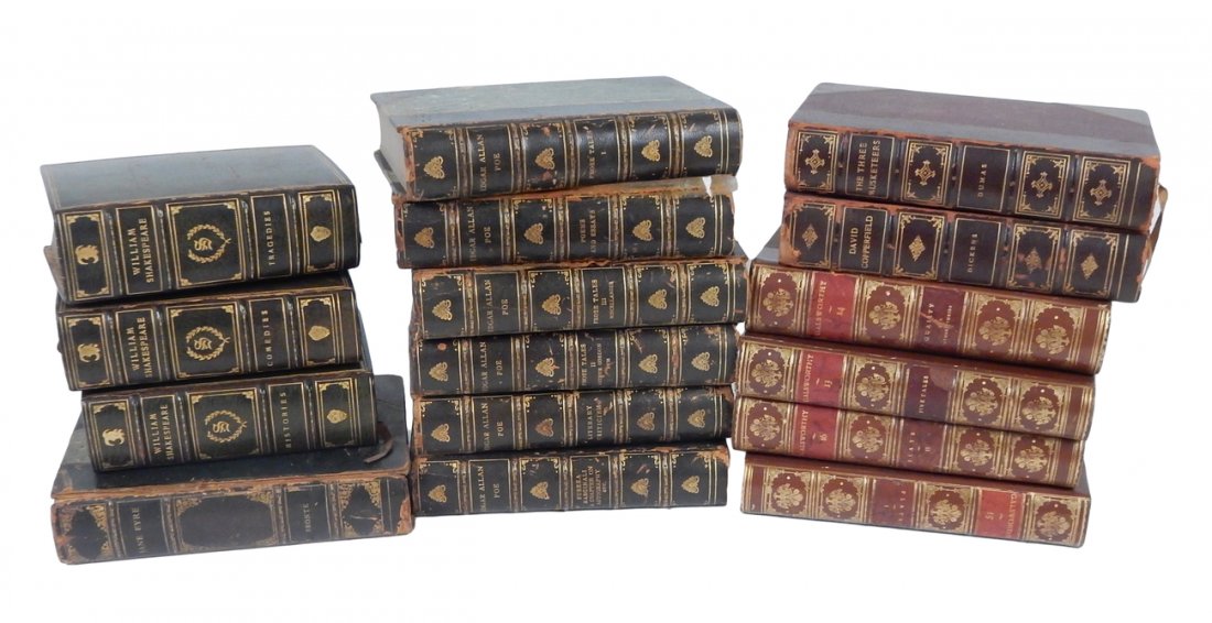 Library of Leather Bound Books: Large library of leather bound books comprising 18 volumes by John Galsworthy, 12 volumes by Emile Zola, 6 books by Edgar Allan Poe, 3 volumes of William Shakespeare, among other great authors. Also i