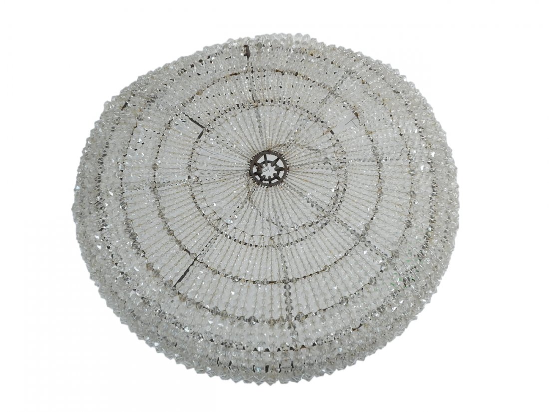 Beaded Glass Ceiling Mount: Large beaded glass dome ceiling mount. [22" @ x 6 1/2" H]. Bent, missing beads.