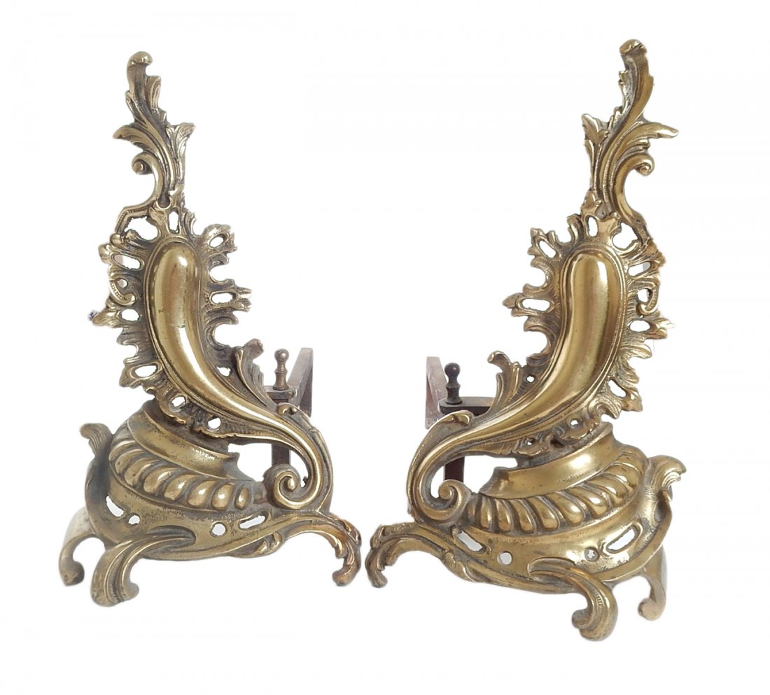 Pair of Brass Andirons: Pair of brass andirons with scroll ornamentation. [17 1/4" H]. Overall good condition.