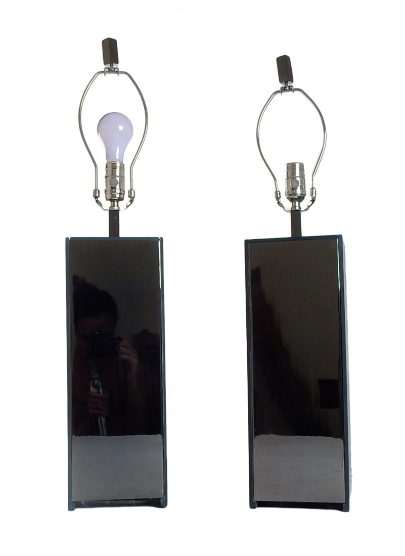 Pair of Mirrored Table Lamps: Pair of modern slate and mirrored table lamps. [6" W x 5" D x 30 1/2" H (to finial)]. Wiring not tested, overall good condition.