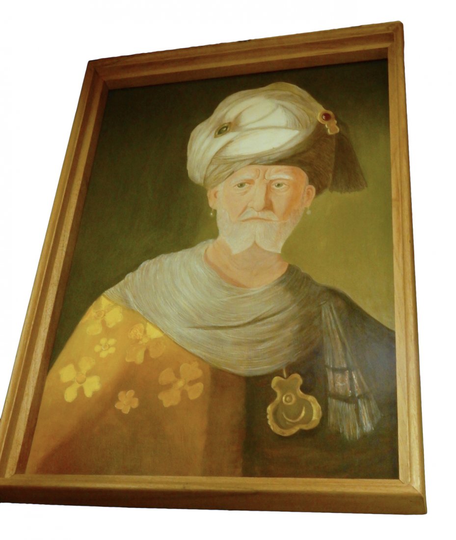 Charles Lamb, Painting: Copy of Rembrandt's "Man in a White Turban" done on panel by Charles Lamb. [Art: 16" x 23"; Frame: 17 1/2" x 24"]. In good condition. From the Estate of Charles Lamb.