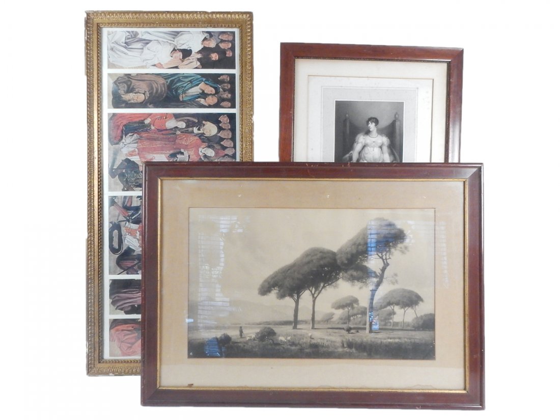 Lot of Three Framed Prints: Comprises: 1.) Engraving of a woman by A. Cardon (heavy foxing), 2.) Pastoral scene with sheep, 3.) Print of altar by Van Eyck. [Largest: 34 1/4" x 15 1/2"]. All sold "as is". From the Estate of Charl