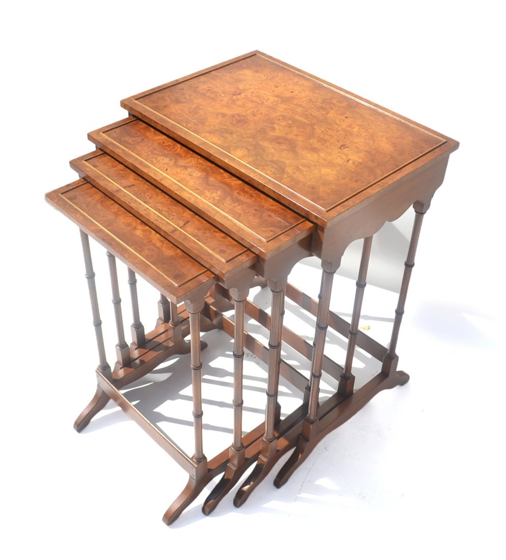 Burl Wood Nest of Tables: Nest of four tables with turned faux bamboo legs, cross-stretchers, and bracket feet. [19 1/2" W x 13 1/2" D x 25 1/4" H]. Light wear.