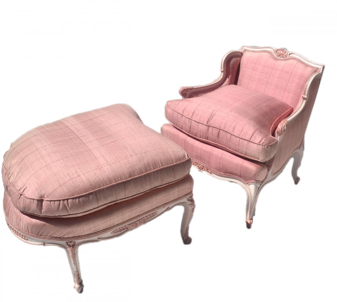 Louis XV-Style Chaise Lounge: Pink and creme frame chaise with striped pink silk upholstery. [Overall: 25 1/2" W x 55" Long x 28 1/4" H; 22" H to seat]. Fading and light wear.