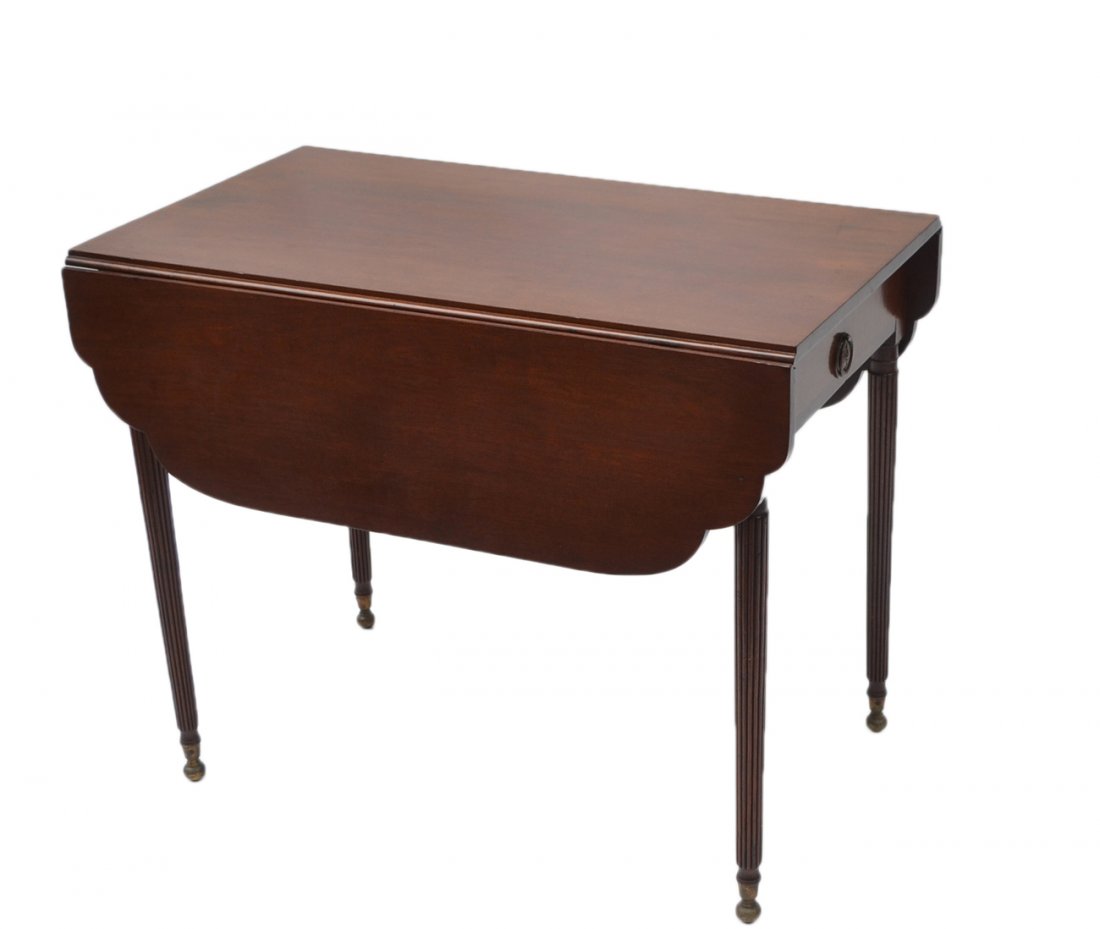 English Drop-Leaf Table: 19th century breakfast/drop-leaf table with tapered reed-form legs. [24 1/2" W x 38 1/2" D x 28" H (closed); each leaf 12" W]. Restored, in good condition.