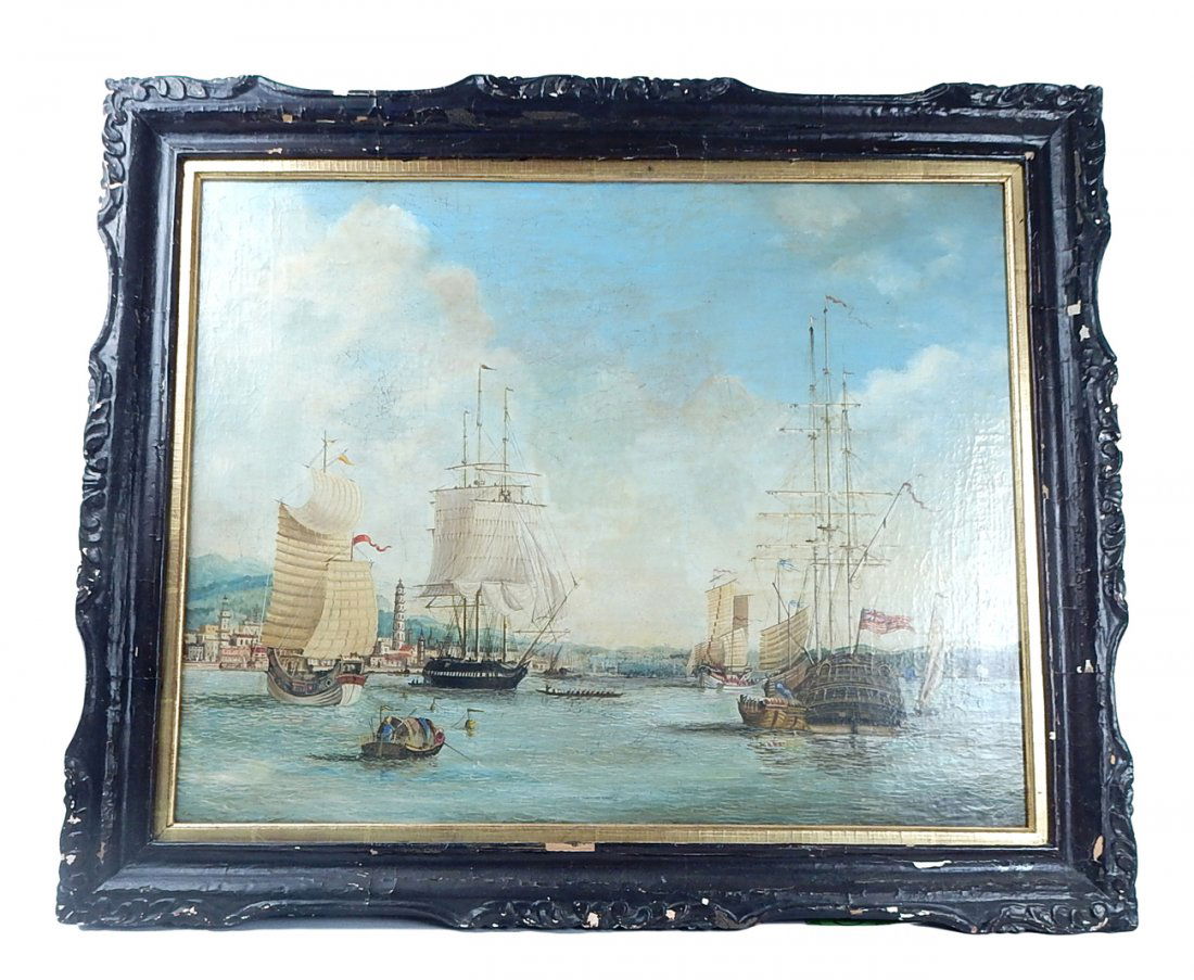 19th C. Chinese School Oil on Canvas: Depicts British trade ships, one with "Waterloo" inscribed on the stern, anchored in Whampoa among Imperial junks and other small crafts. Bears an illegible monogram cypher at bottom right. [Art: (sig