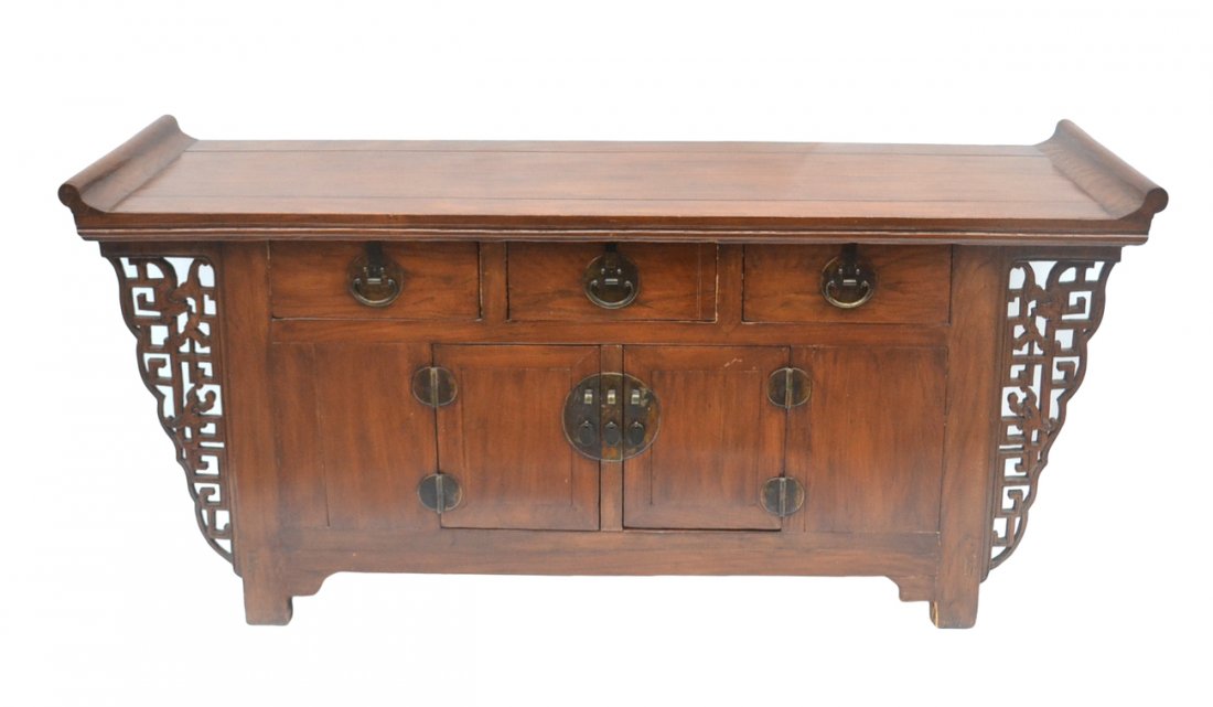 Asian Altar Table: Altar table with 3 drawers and 2 doors. [73" x 21 1/4" x 34 1/2"]. Two splits on top and scratches.
