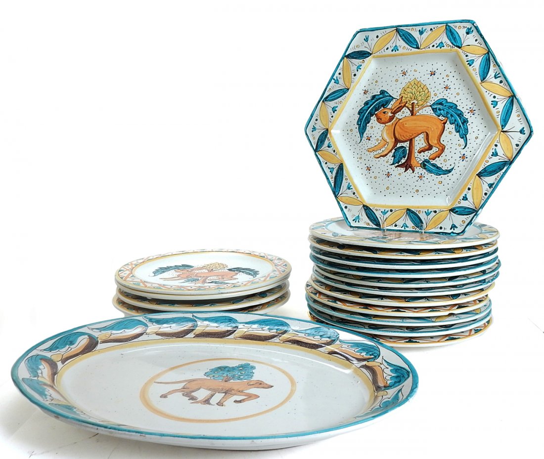 Collection of Italian Majolica Tableware: Collection of 17 pieces of Italian Majolica tableware. Many pieces are marked "Rampini Radda" and one inscribed "Rampini for Mr. Farn's Radda, Italy, 1991". Each piece features an animal motif. The lo