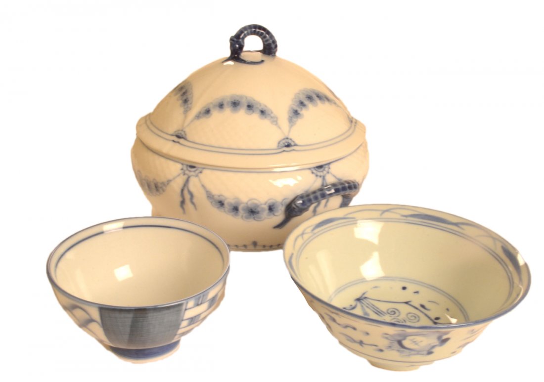 Collection of China Articles: Collection of fine blue and white china articles, including one covered tureen marked "B & G- Copenhagen" accompanied by two bowls. Tureen: [6 1/2" H]. Some paint wear, otherwise good condition.