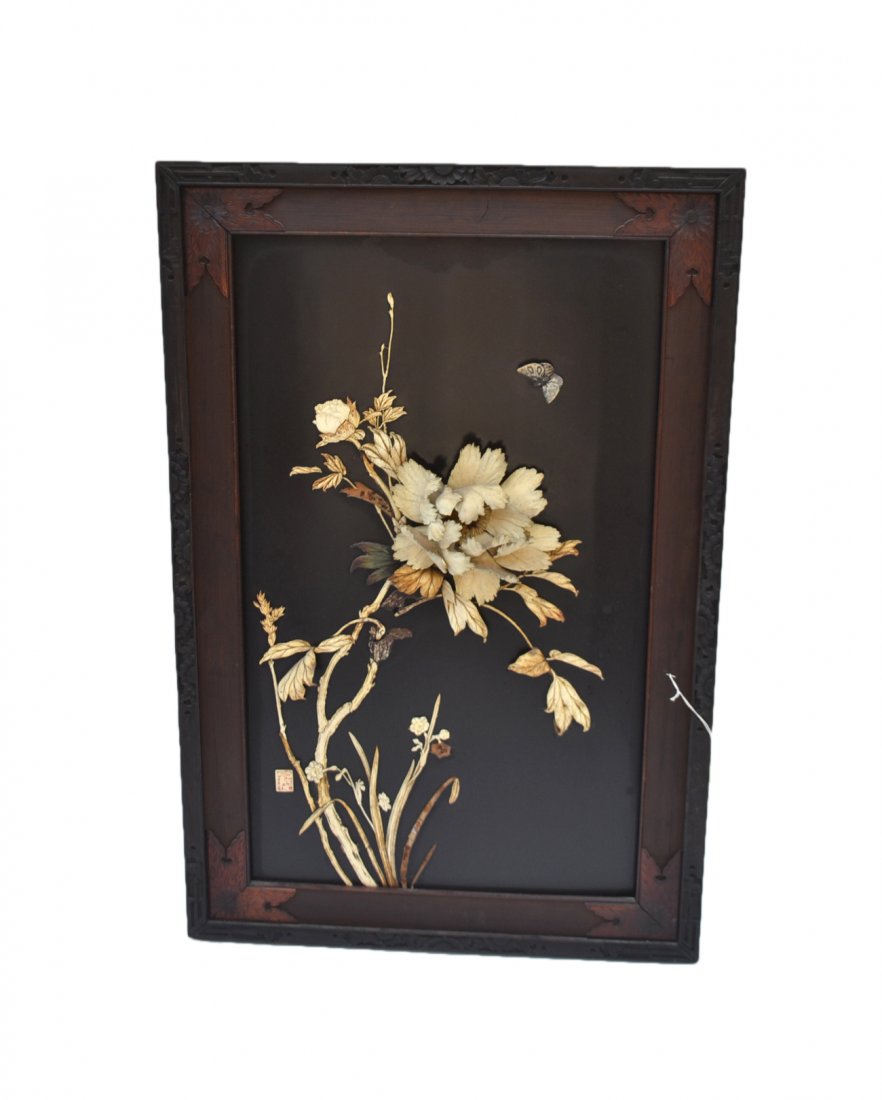 Asian Lacquer and Raised Plaque: Having white flowers with a butterfly on a lacquer panel. From the Estate of Charles Lamb.