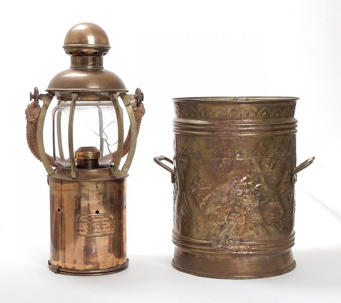 Two Vintage Brass Articles: Comprises: 1.) Indonesian repousse bucket with bronze handles. [8 3/4" diameter x 11 3/4" H]. 2.) Barbier, Benard, & Turenne lantern with rope handle (broken globe). [7 1/2" Dia x 20" H to handle top]