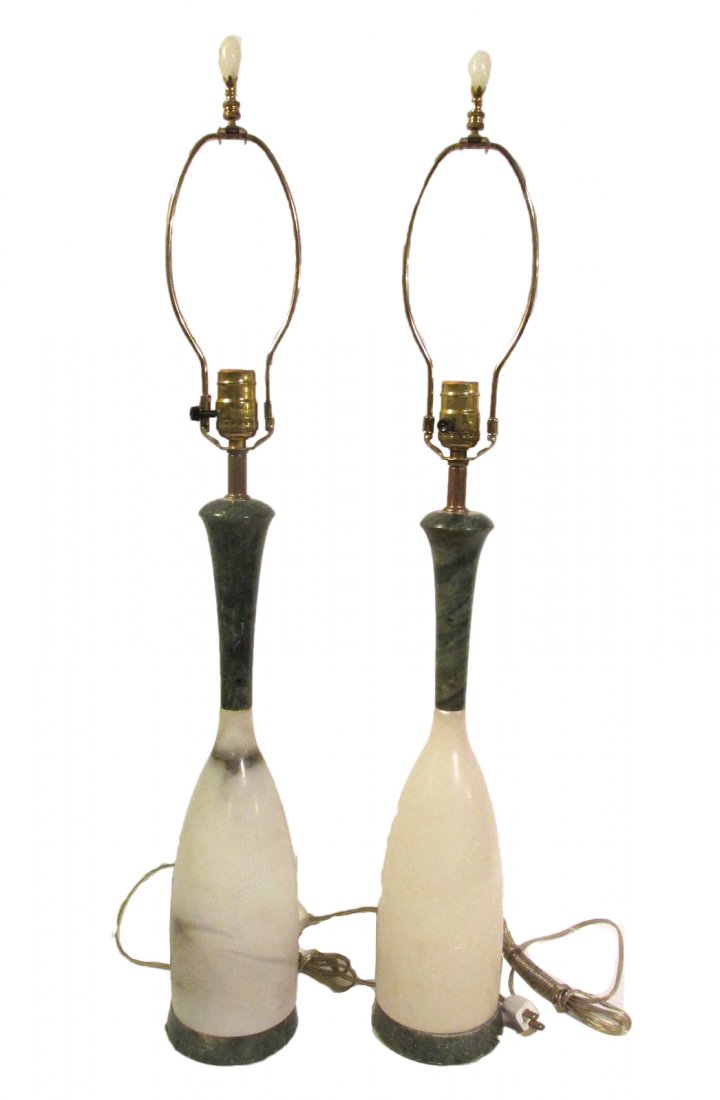 Pair of Lamps: Alabaster and green marble pair of lamps. [33 1/4" marble to finial].