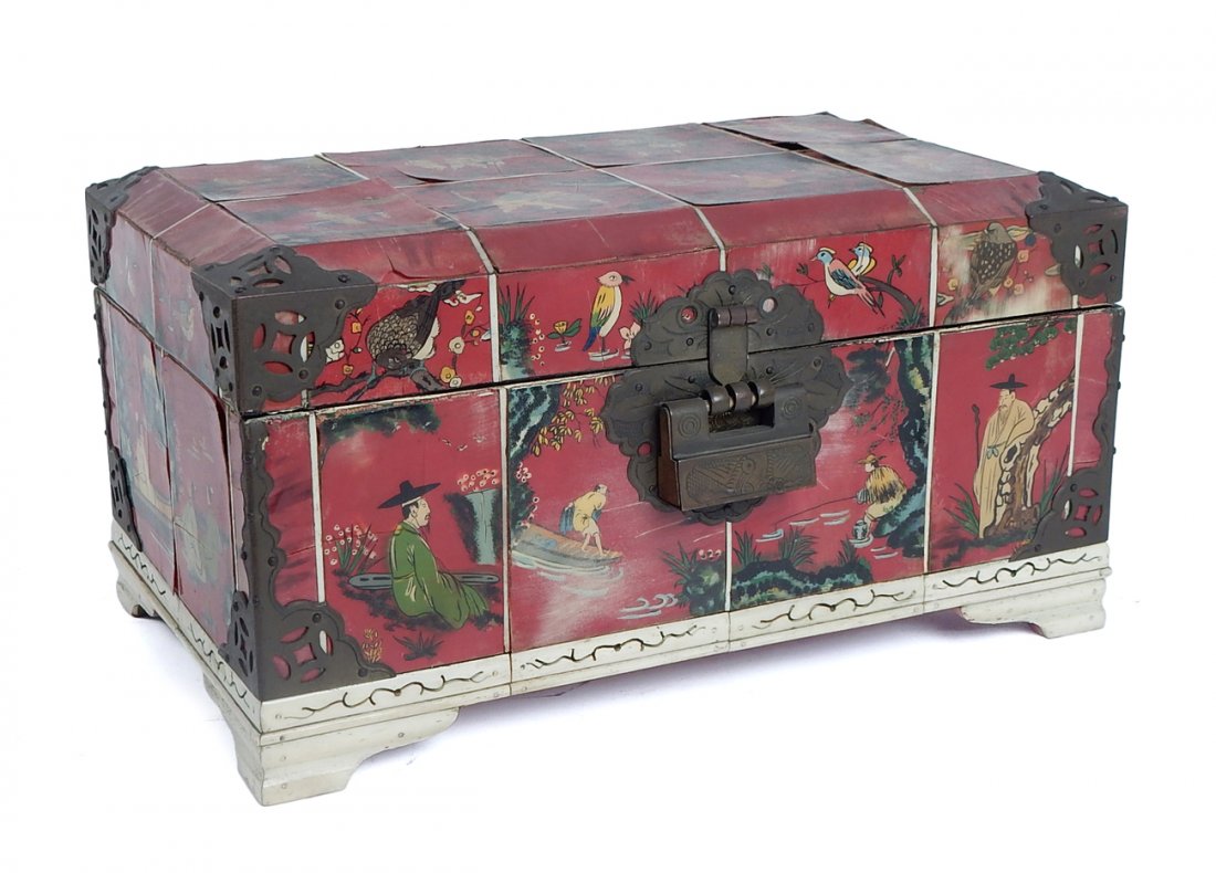Asian Painted Jewelry Box: Red painted box with multiple inlaid panels depicting figures in various occupations. Bears bone inlay trim and feet. [12" W x 7 1/8" D x 6 1/4" H]. Panels worn and warped with cracks and losses. Lock