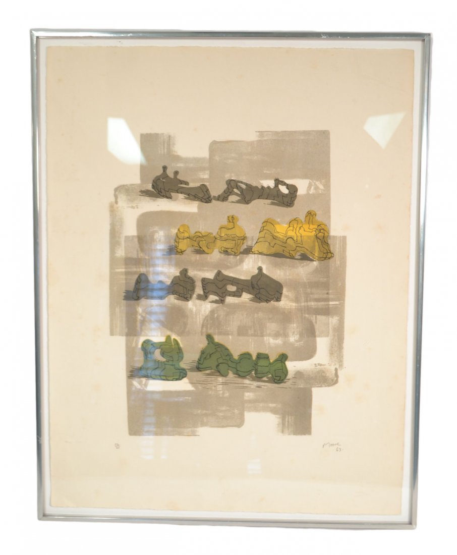 Henry Moore Color Lithograph: Henry Moore (British, 1898-1986). 8 architectural sculptures, 1963 color lithograph signed, dated '63 and numbered 56/65 in pencil, lower margin. Framed. [19 3/4" x 25 1/2" sheet size]. Paper toned, s