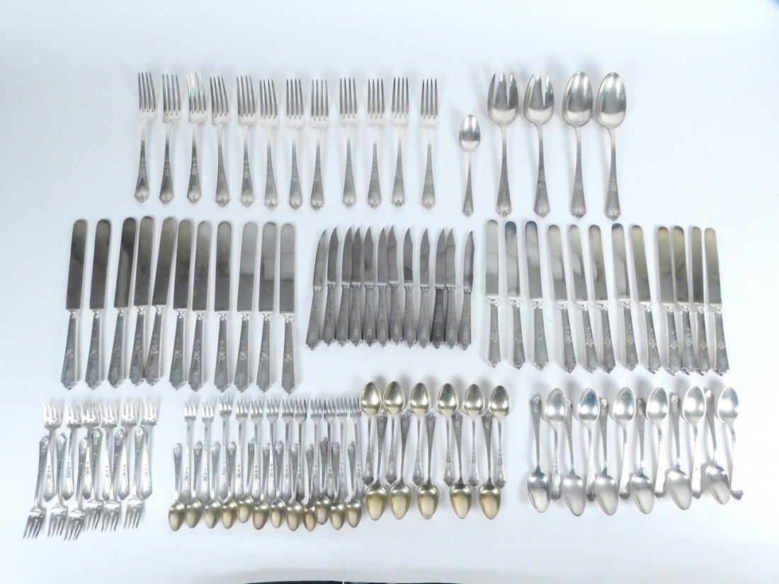 108 pc. Gorham "Pattern A" Silver Flatware: 108-pieces of Gorham "Pattern A" sterling silver flatware ca. 1927. Each piece is marked and monogrammed. Comprising: 12 dinner forks, 12 fruit knives, 12 luncheon knives, 4 serving utensils, 11 dinne