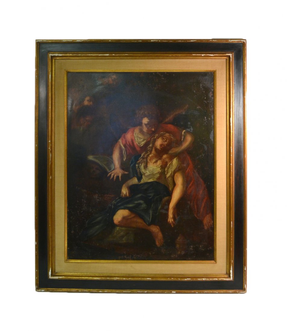 Antique Oil on Canvas, Allegorical Scene: Continental composition depicting an angel comforting a seated woman with eyes closed and holding a length of chain. In the background, angel heads look on and an open book rests upon a skull. Unsigne