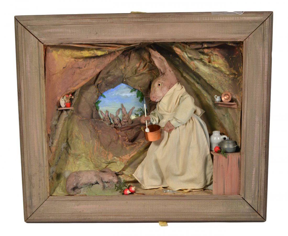 Robert Heitmann Diorama - Rabbits: Created for Tiffany by noted artist, Robert Heitmann. Depicts a family of papier-mache rabbits with the mother preparing dinner. [25 1/2" W x 5" D x 21 1/2" H]. Overall good condition.