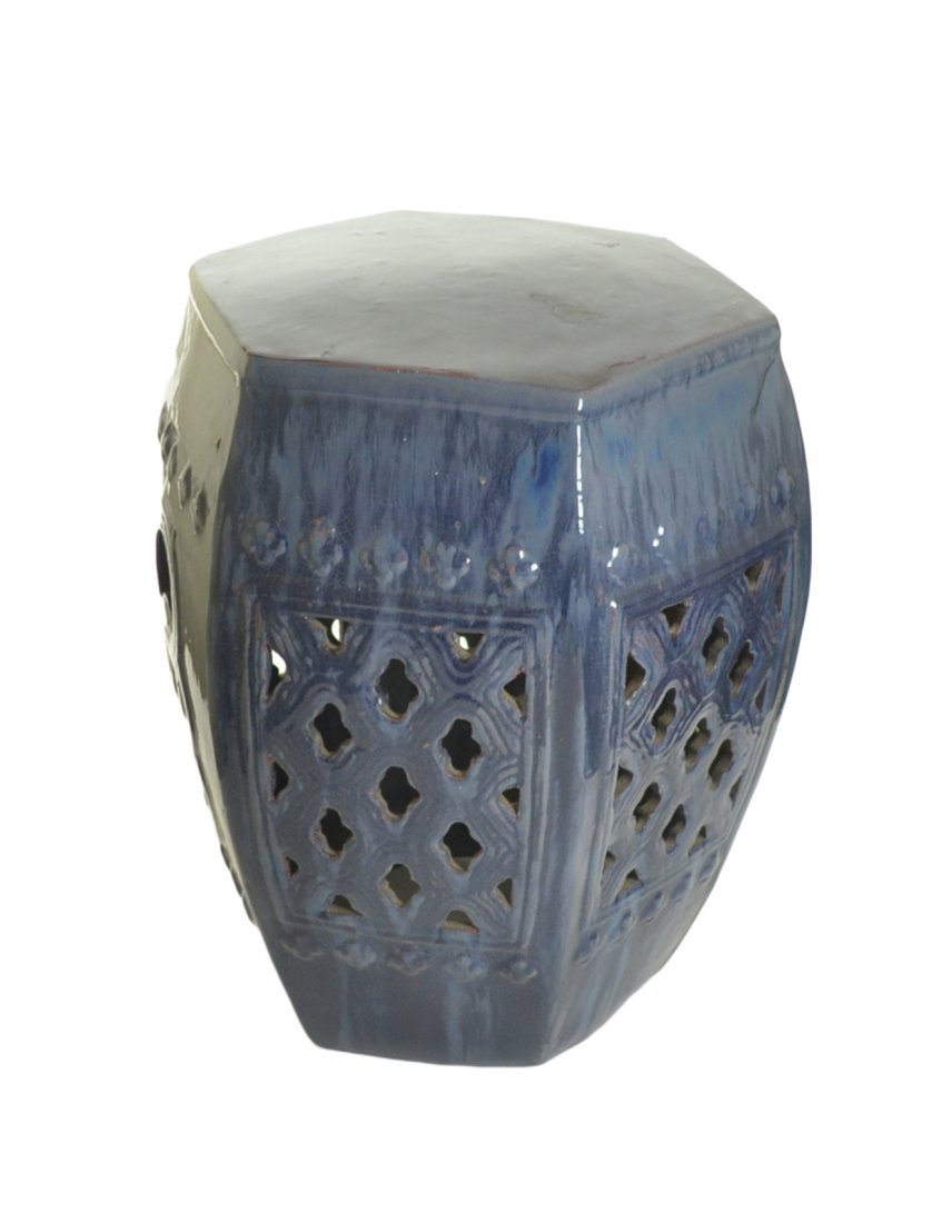 Asian Blue Glazed Ceramic Stool: Asian hexagonal blue glazed ceramic reticulated stool. [12 1/2" W x 16 1/2" H]. Good condition.