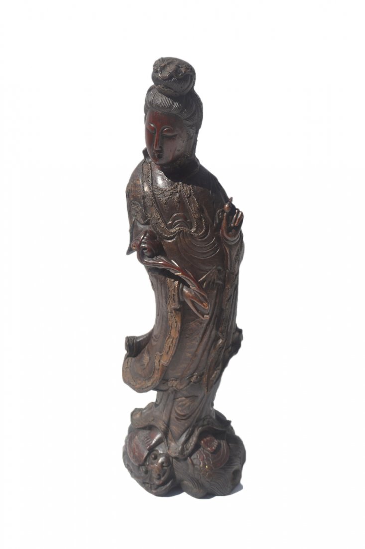 Large Painted Asian Wood Sculpture: Asian, possibly Chinese, large painted wooden sculpture. [10 3/4" W (base) x 36" H]. Some loss to paint, minor chips, overall good condition.