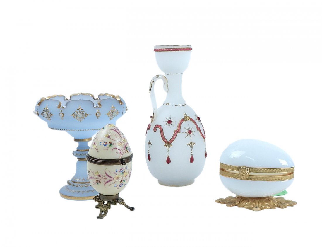 Camphor Glass Objects, Bristle Egg Boxes: Lot of 4 items comprising: 1.) Pale blue bejeweled compote (missing jewel), 2.) White amphora vase bejeweled with pink stones, 3.) Bristle covered egg box, 4.) Enameled flowered egg box. [Largest: 4 1