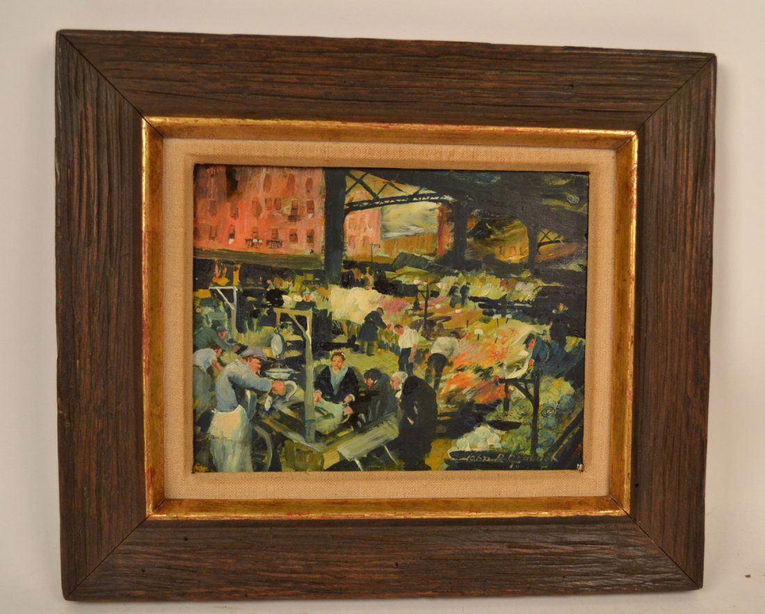 John R. Grabach, Oil on Panel: Signed oil on wood panel by John R. Grabach titled "East Side Market". [Art: 8 1/2" W x 6 3/4"; Frame: 13 3/8" x 11 1/2" H]. Good condition.