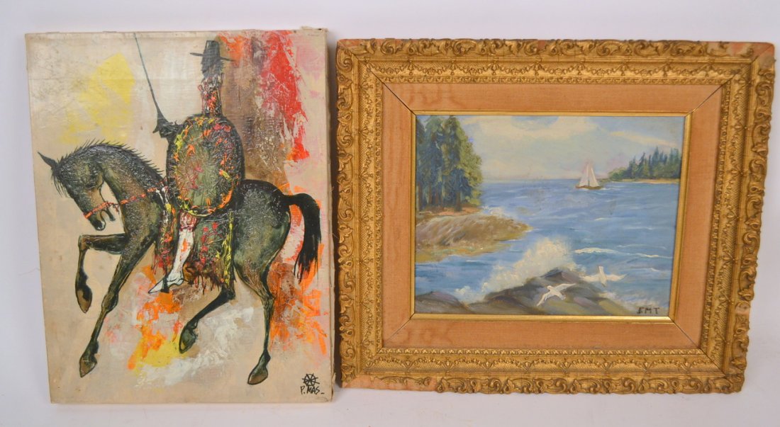 Two Paintings, Seascape and Other: Two oil paintings comprising: 1.) Seascape with sailboat and seagulls, oil on canvas board. [Sight: 9 1/4" W x 7 1/2" H; Frame: 14 1/2" W x 12 1/2" H]. 2.) Man on horseback 'Don Quixote', oil on canva