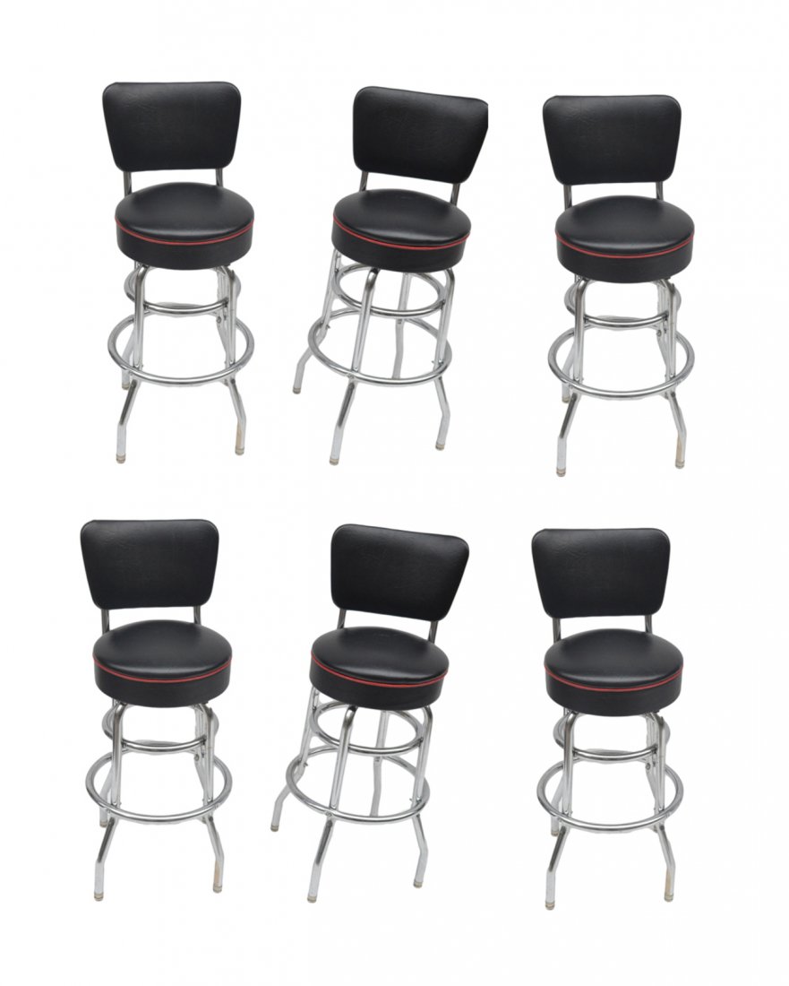 Set of 6 Retro Stools: Chrome and black leather upholstered revolving stools with back supports and revolving seats. [16 3/4" Dia x 40 1/2 H; 31" H to seat]. Some wear.