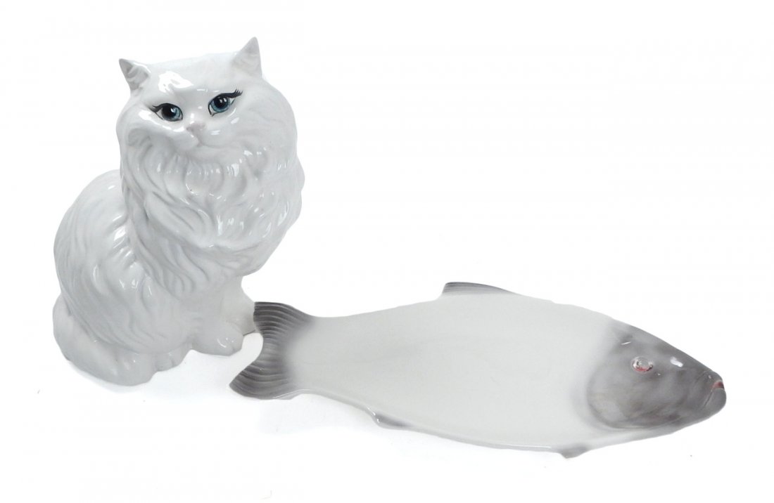 Ceramic Cat and Fish Platter: Assembly of ceramic animals including one large German ceramic fish. Serving platter marked "Waechtersbach" and one large white ceramic cat.