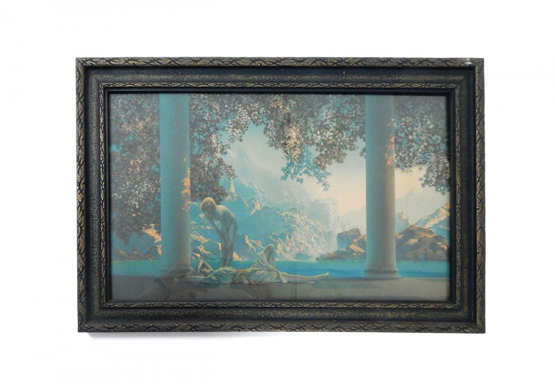 Maxfield Parrish, Framed Print: Framed print by Maxfield Parrish entitled, "Daybreak". Inscribed "copyright The House of Art, NY". [Sight: 17 1/2" W x 10" H; Framed: 20 1/2" x 13"].
