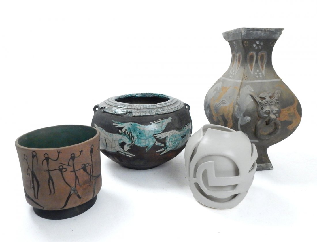 4 Art Pottery Vases: Comprises: 1.) Painted terracotta square ovoid form winged creatures and ringed masks. 2.) Cylinder shaped Sgraffito figures, impressed "Texco Mexico". 3.) White glazed reticulated vase signed "C. Mer