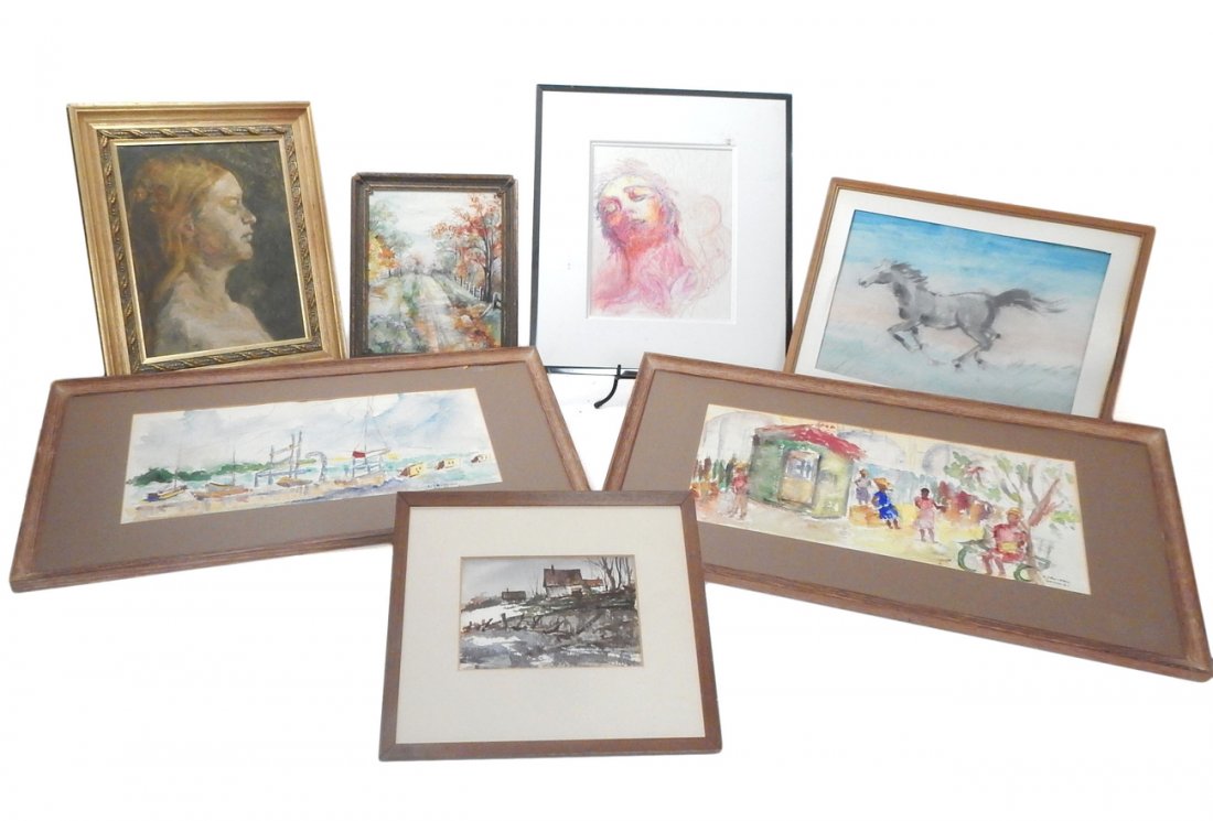 Five Watercolors and Two Portraits: Comprises: A pair of Nassau views 1960s watercolors, a 1990s mixed media portrait, a 1960s Dean Avery horse watercolor, a 1980 Carol Hamann oil on canvas portrait, a signed watercolor autumn landscape