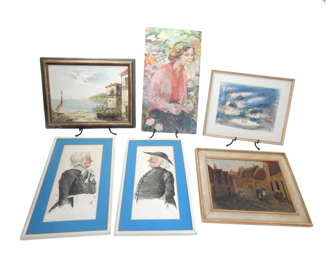 3 Watercolors and 3 Oil Paintings: Two watercolor portraits of a man and woman by Lansing, a 1980 oil on masonite portrait by Carol Harmann Howard, a watercolor landscape by Isaac Amitai, a primitive style oil painting, and a signed vi