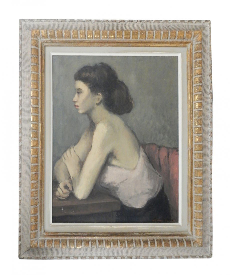 Moses Soyer-Style Oil on Canvas: "Girl at Bath" in the style of Moses Soyer, by Jeanne Fenton. Framed and signed in lower right. [Sight: 17 1/2" W x 21 1/4" H; Framed: 26 1/4" W x 30 1/4" H]. Some craquelure at upper center and botto