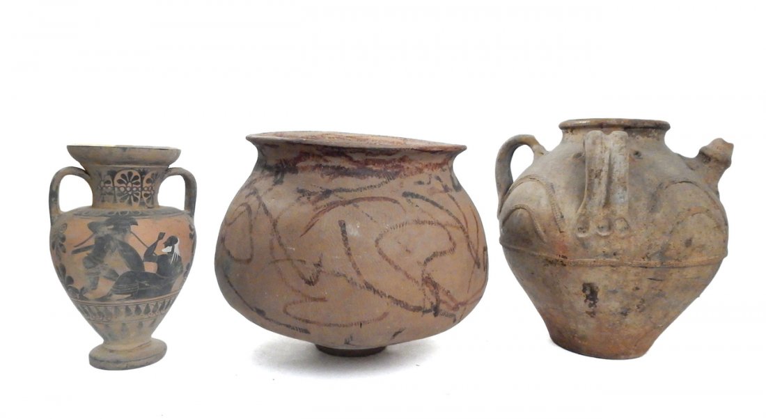 Lot of Three Amphora Earthenware Vases: Amphora jars having a Greek motif, one double handled with Greek figures, the other partially glazed inside with a spout and three handles, along with another large pot. [1: 16" Dia x 12 1/2" H; 2: 15