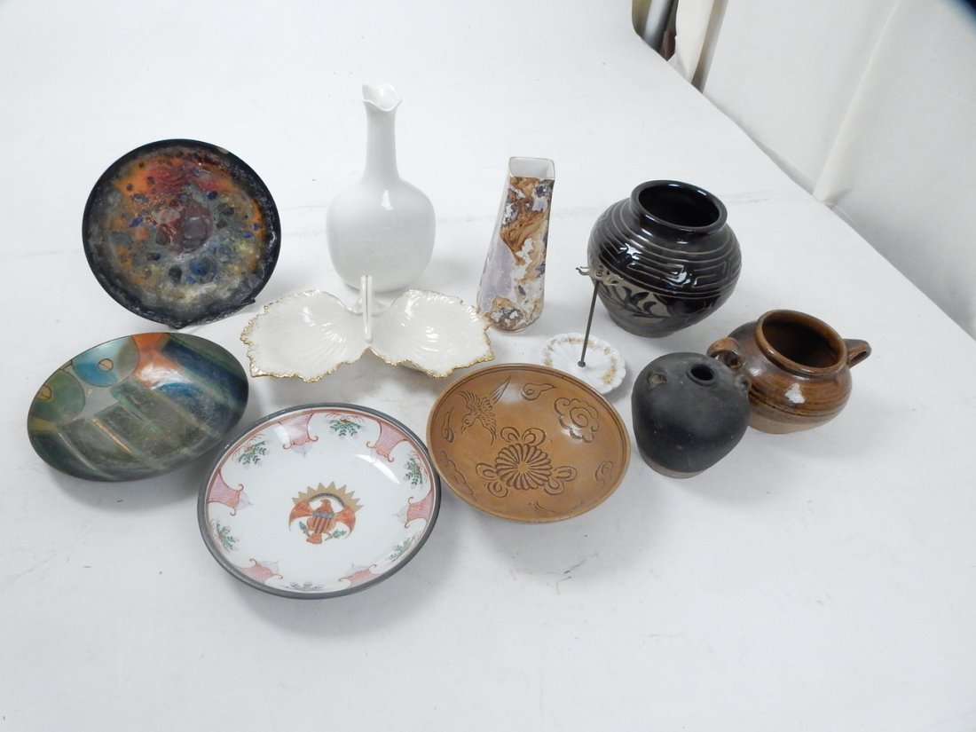 Lot of 10+ Vases and Bowls: Comprised of Lenox double serving bowl, Royal Copenhagen vase [9 3/8" x 5" x 3"], three amphora vases, marbleized vase, two enamel plates, an Asian bowl and ring tree. In good condition.