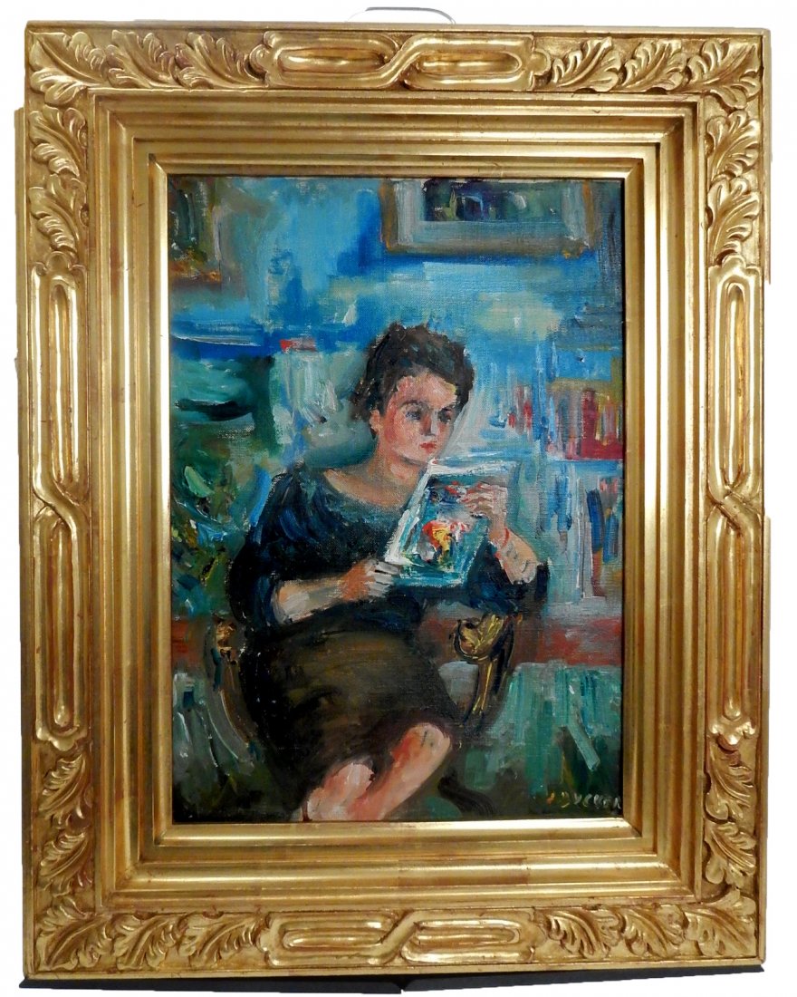 Jacques Zucker Oil on Canvas: Jacques Zucker (Polish/American, 1900-1981), framed oil on canvas, depicting a woman reading, signed "J. Zucker" on lower right. [Sight: 11 1/4" W x 16"; Frame: 18 1/4" W x 23"]. Accompanied by the ha