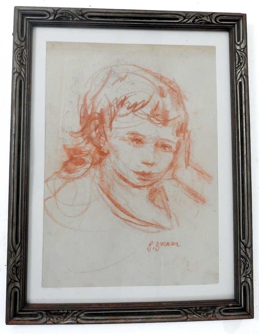 Jacques Zucker, Drawing - Portrait of a Boy: Jacques Zucker (Polish/American, 1900-1981), framed sanguine on paper portrait of a boy. [Sight: 10" W x 14" H; Frame: 13 1/2" W x 17 5/8" H]. Some minor browning on upper portion, some minor age toni