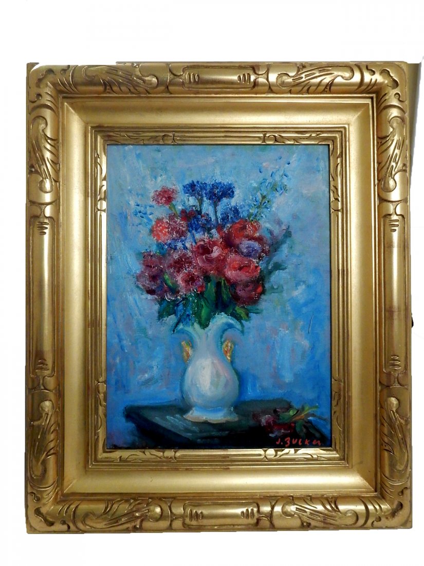 Jacques Zucker, Oil on Canvas - Still Life: Jacques Zucker (Polish/American, 1900-1981) framed oil on canvas sill life, signed "J. Zucker" on lower right. [Sight: 11 5/8" W x 15 1/2" H; Frame: 20" x 24"]. In good condition. Accompanied by the h