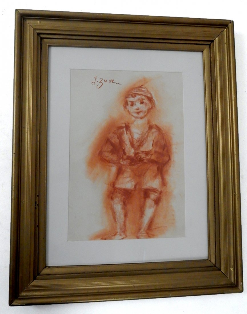 Jacques Zucker Sanguine Drawing: Jacques Zucker (Polish/American, 1900-1981), sanguine on paper portrait of a boy, signed "J. Zucker" on upper left. Some minor age toning, otherwise overall good condition. [Frame: 19 1/2" H x 15 1/2"