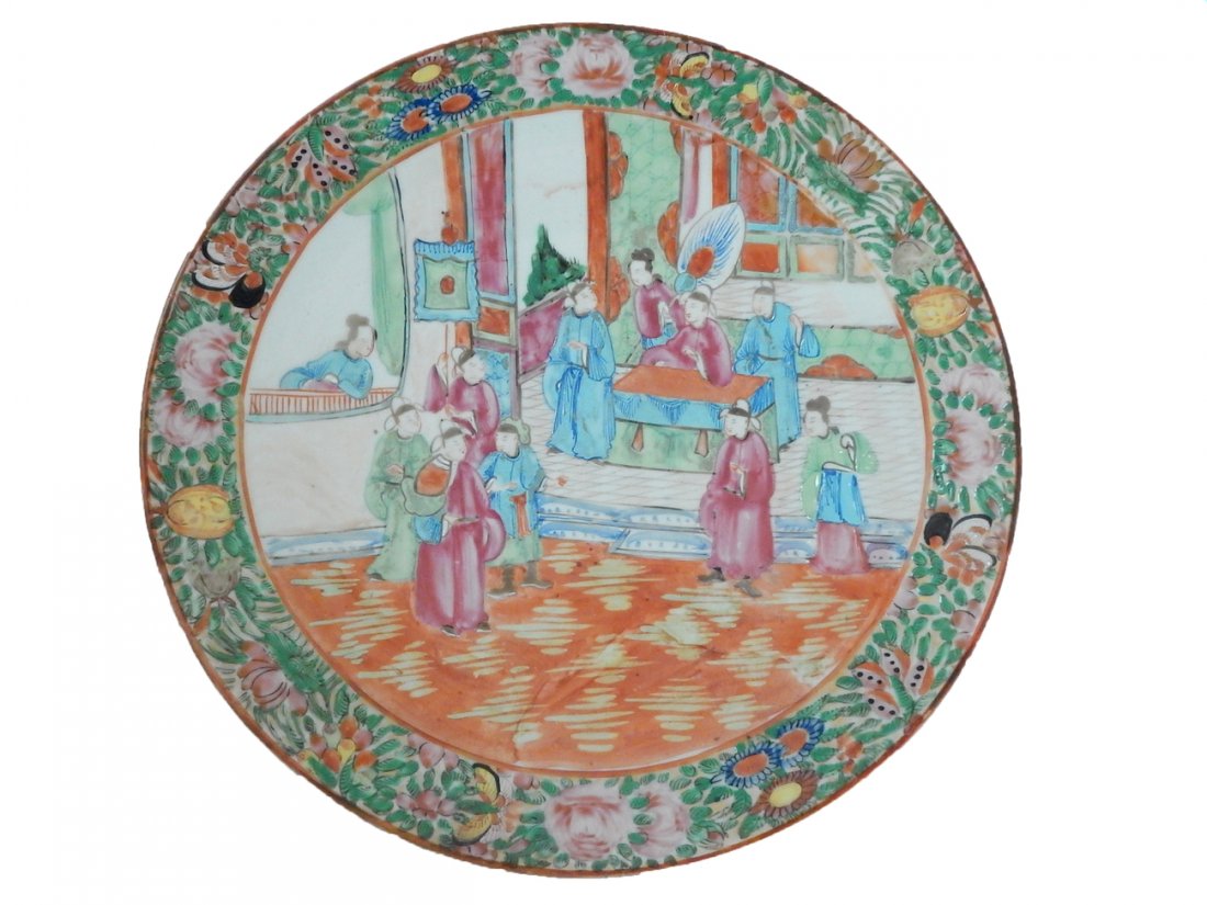 Rose Famille Charger: Chinese charger Rose Famille medallion. With wax seal on back. [2" H x 13 3/4" Dia]. In good condition.