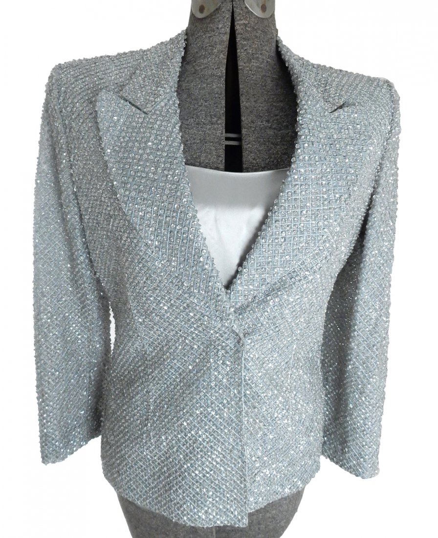 Alberto Ferretti Ladies Evening Suit: Ladies evening suit bearing an Alberto Ferretti label on jacket and shell. Consists of sequined blazer, sleeveless shell and silk silk pants labeled Paule Vasseur, size 40. Ferretti blazer size 10.