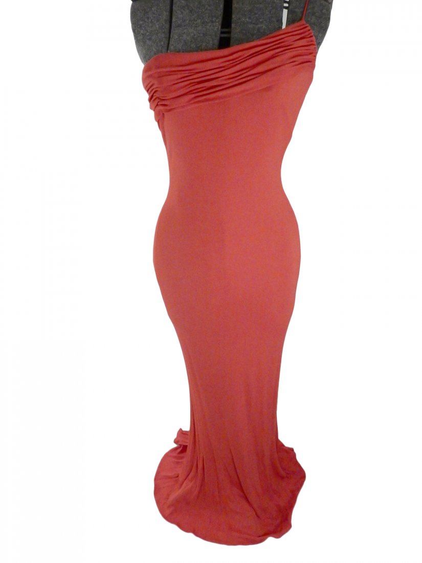 Orange Halston Gown: Long orange one strap gown by Halston. Bears the Halston label. Size 8.