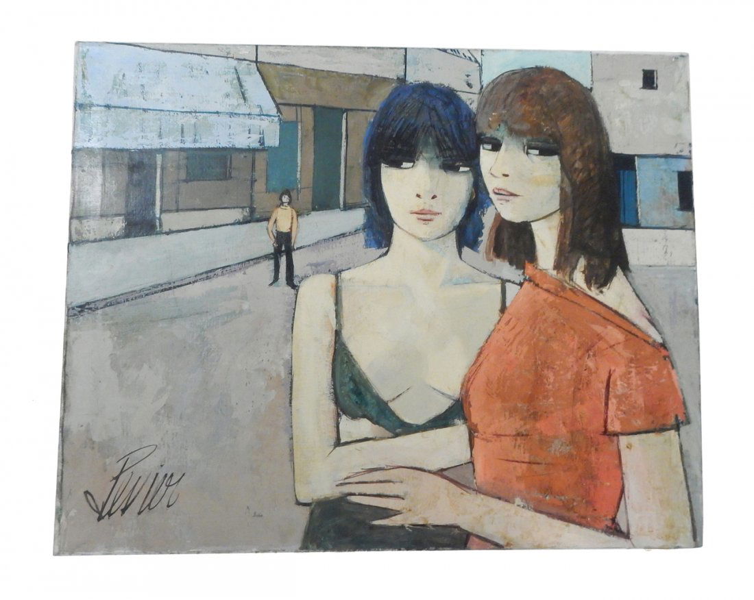 Charles Levier Oil on Canvas: Charles Levier (French, 1920-2003) "2 Femmes", unframed oil on canvas signed lower left "2 femmes" on verso. [30" W x 24" H]. In overall good condition.